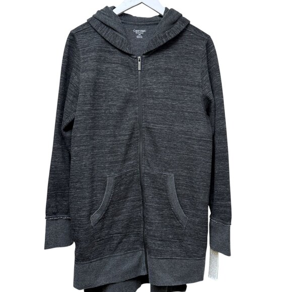 Calvin Klein Long Hoodie Size Large Zip Front Womens Jacket Gray Fleece NWT - Picture 1 of 12